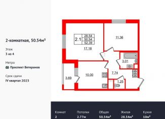 2-комнатная квартира на продажу, 50.5 м2, Санкт-Петербург, ЖК Солнечный Город. Резиденции, проспект Ветеранов, 200
