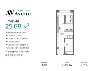 Квартира на продажу студия, 25.7 м2, Санкт-Петербург, Магнитогорская улица, 51литЗ, муниципальный округ Большая Охта