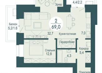 Продажа двухкомнатной квартиры, 69 м2, Красноярск, улица Авиаторов, 34