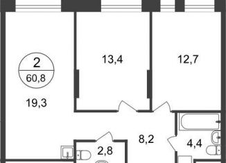 Продам двухкомнатную квартиру, 60.8 м2, Московский, 11-я фаза, к3