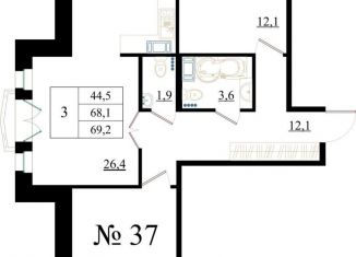 3-комнатная квартира на продажу, 69.2 м2, Гатчина