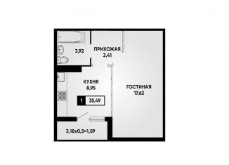 Продаю 1-комнатную квартиру, 35.5 м2, Краснодар, Главная городская площадь, микрорайон Центральный