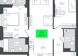 Продаю 2-комнатную квартиру, 64.3 м2, Тюмень, Калининский округ