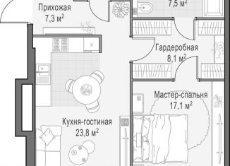 1-комнатная квартира на продажу, 56 м2, Москва