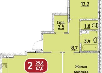 2-комнатная квартира на продажу, 69.5 м2, Чебоксары, Гражданская улица, поз4, Московский район