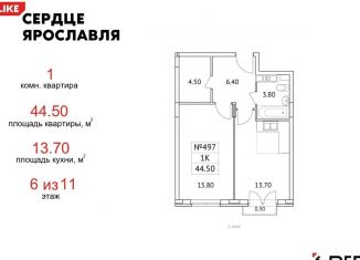 1-комнатная квартира на продажу, 44.5 м2, Ярославль, ЖК Сердце Ярославля