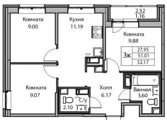 3-комнатная квартира на продажу, 52.2 м2, Санкт-Петербург, Ивинская улица, 19к3, муниципальный округ Лахта-Ольгино
