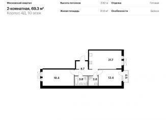 Продается 2-комнатная квартира, 69.3 м2, Обнинск, жилой комплекс Московский квартал, 4Д, ЖК Московский квартал