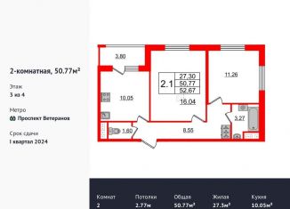 Продается двухкомнатная квартира, 50.8 м2, Санкт-Петербург, Новосергиевская улица, 1к2, муниципальный округ Сосновая Поляна