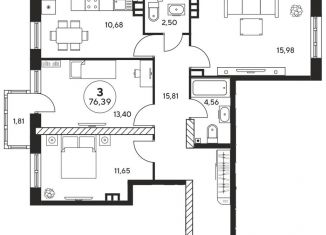 3-ком. квартира на продажу, 76 м2, Ростов-на-Дону, Ашхабадский переулок, 2/46, ЖК Ленина, 46