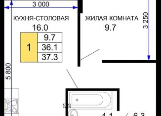 1-комнатная квартира на продажу, 37.3 м2, Краснодар, ЖК Дыхание