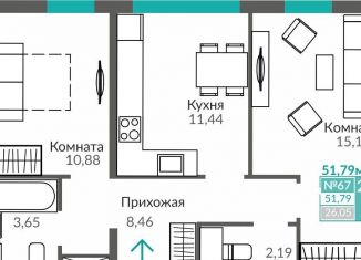 Двухкомнатная квартира на продажу, 51.8 м2, Симферополь, Киевский район
