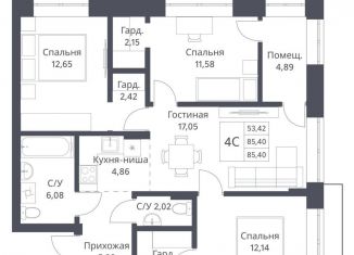 Продаю трехкомнатную квартиру, 85.4 м2, Новосибирск