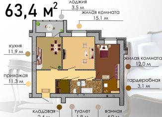 2-комнатная квартира на продажу, 63.4 м2, Воронеж