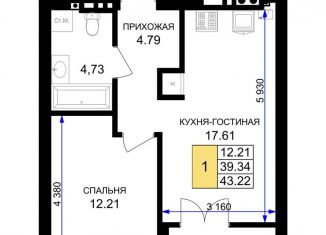 Продажа однокомнатной квартиры, 43.2 м2, Калининградская область