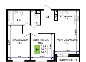 Продам 2-комнатную квартиру, 56 м2, Краснодар, ЖК Дыхание