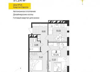 Продажа двухкомнатной квартиры, 51.2 м2, Ульяновск, квартал Европа, 46, Засвияжский район