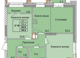 2-комнатная квартира на продажу, 56.8 м2, Нижний Новгород, 1-я Оранжерейная улица, 16