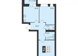 2-комнатная квартира на продажу, 66.9 м2, Чебоксары, Стартовая улица, поз3.9