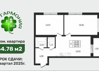 2-комнатная квартира на продажу, 64.8 м2, деревня Разбегаево