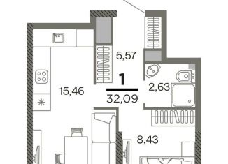 Однокомнатная квартира на продажу, 32.1 м2, Рязань