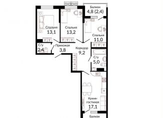 Продажа 3-комнатной квартиры, 79.6 м2, Краснодар, ЖК Отражение