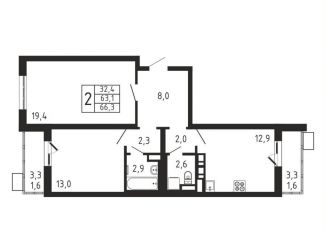 2-комнатная квартира на продажу, 66.3 м2, деревня Пирогово, ЖК Пироговская Ривьера