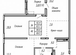 Продаю квартиру со свободной планировкой, 66.6 м2, Барнаул, улица Антона Петрова, 210Б