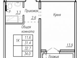 Продаю квартиру со свободной планировкой, 32.7 м2, Барнаул, улица Антона Петрова, 210Б