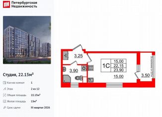 Продажа квартиры студии, 22.2 м2, Санкт-Петербург, муниципальный округ Коломяги