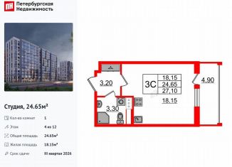 Квартира на продажу студия, 24.7 м2, Санкт-Петербург, муниципальный округ Коломяги