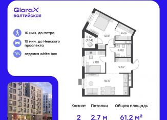 2-комнатная квартира на продажу, 61.2 м2, Санкт-Петербург, улица Шкапина, 43-45Н, метро Нарвская