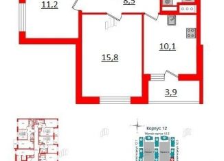 2-ком. квартира на продажу, 53.1 м2, Санкт-Петербург, Арцеуловская аллея, 17, ЖК Чистое Небо