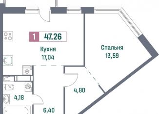 Продам однокомнатную квартиру, 47.3 м2, Ленинградская область
