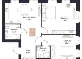 Продается двухкомнатная квартира, 70.8 м2, Рязанская область