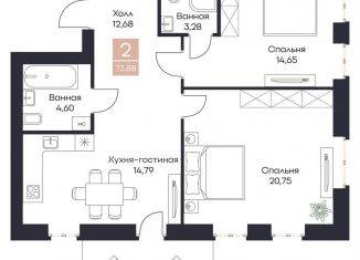 Продам двухкомнатную квартиру, 73.9 м2, Рязанская область