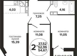 Двухкомнатная квартира на продажу, 54.7 м2, Краснодар, Российская улица, 257/7лит1