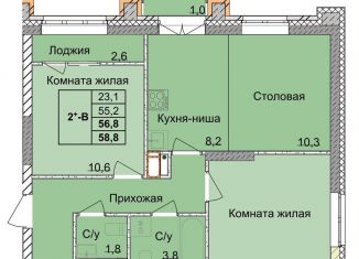 Двухкомнатная квартира на продажу, 56.8 м2, Нижний Новгород, 1-я Оранжерейная улица, 16