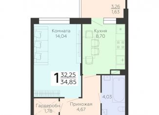 1-комнатная квартира на продажу, 34.9 м2, Воронежская область