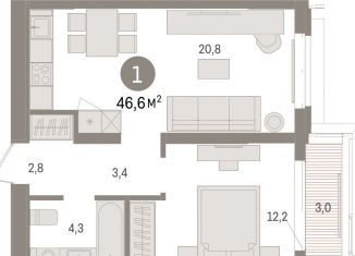 Продажа 1-комнатной квартиры, 46.6 м2, Тюмень