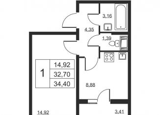 Продажа 1-комнатной квартиры, 34.4 м2, Бугры