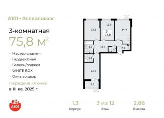 Трехкомнатная квартира на продажу, 75.8 м2, Ленинградская область