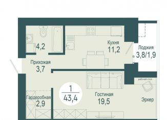 1-комнатная квартира на продажу, 43.4 м2, Красноярск, ЖК Скандис озеро, улица Авиаторов, 24