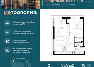 2-комнатная квартира на продажу, 53.5 м2, Москва, Проектируемый проезд № 1242, ЖК Метрополия
