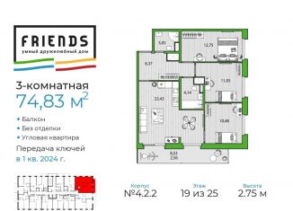 Продам 3-ком. квартиру, 74.8 м2, Санкт-Петербург, ЖК Френдс