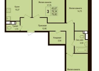 3-комнатная квартира на продажу, 79.8 м2, деревня Борисовка, улица Рахманинова, 10