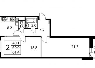 Продаю 2-ком. квартиру, 61.4 м2, Домодедово