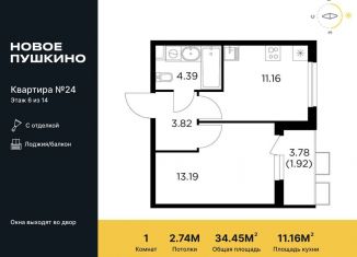 Продается однокомнатная квартира, 34.5 м2, Пушкино, жилой комплекс Новое Пушкино, к23