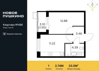 Продаю однокомнатную квартиру, 33.5 м2, Пушкино, микрорайон Новое Пушкино, к27