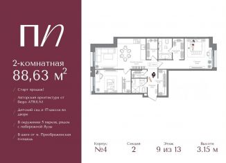 Продажа двухкомнатной квартиры, 88.6 м2, Москва